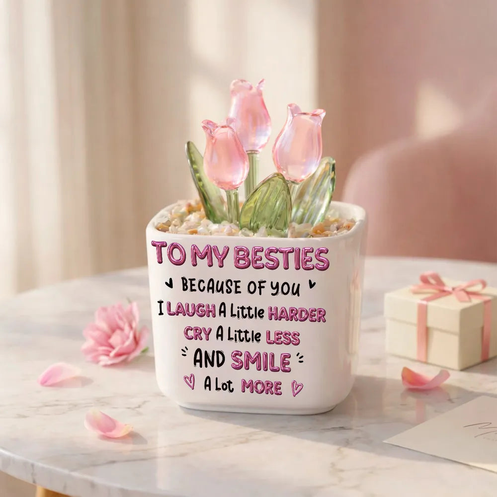 Square Glass Planter for Friends, Custom Smile More Quote & Arm in Arm Illustration, Unique Creative Gift