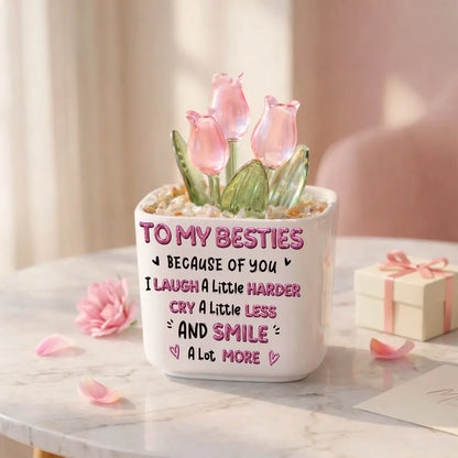 Square Glass Planter for Friends, Custom Smile More Quote & Arm in Arm Illustration, Unique Creative Gift