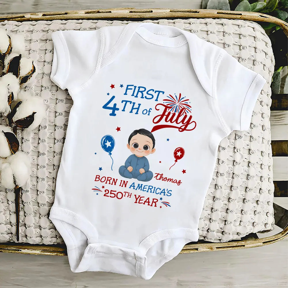 Personalized Short Sleeve Baby Onesie with Fireworks, First 4th of July Unique Gift for New Parents