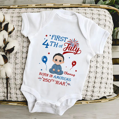 Personalized Short Sleeve Baby Onesie with Fireworks, First 4th of July Unique Gift for New Parents