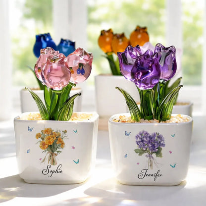 Personalized Square Glass Planter with Purple Tulips, Birth Month Flower Unique Creative Gift for Her