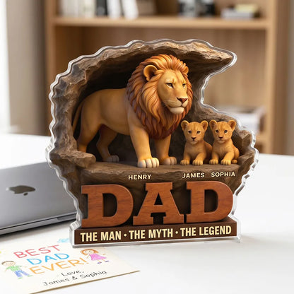 Personalized Shaped Acrylic Block Plaque With Standing Lion Dad & Cubs, Unique Father's Day Gift for Dad's Desk