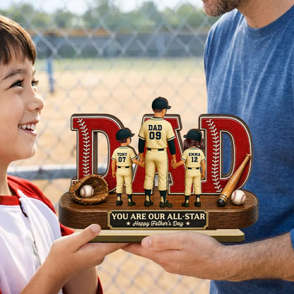 Personalized 2-Layer Wooden Plaque for Dad, Baseball All-Star Family Unique Gift with Kids Holding Hands