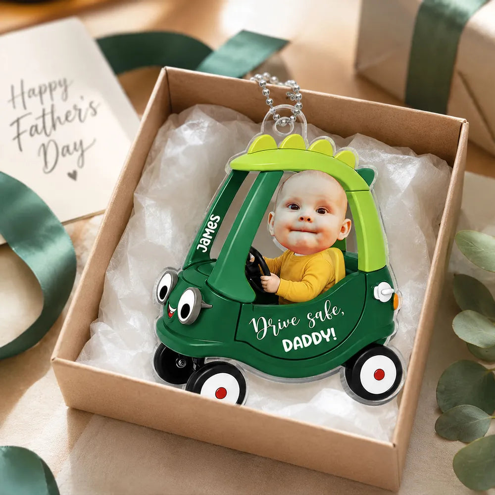 Personalized Acrylic Car Hanger With Baby Driving Green Cartoon Car, Unique Creative Gift For Dad