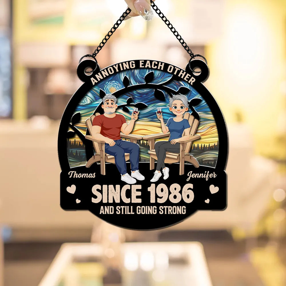 Personalized Wood and Acrylic Layered Ornament for Couple, Unique Anniversary Gift with Seated Wine Scene