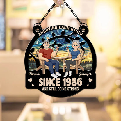 Personalized Wood and Acrylic Layered Ornament for Couple, Unique Anniversary Gift with Seated Wine Scene