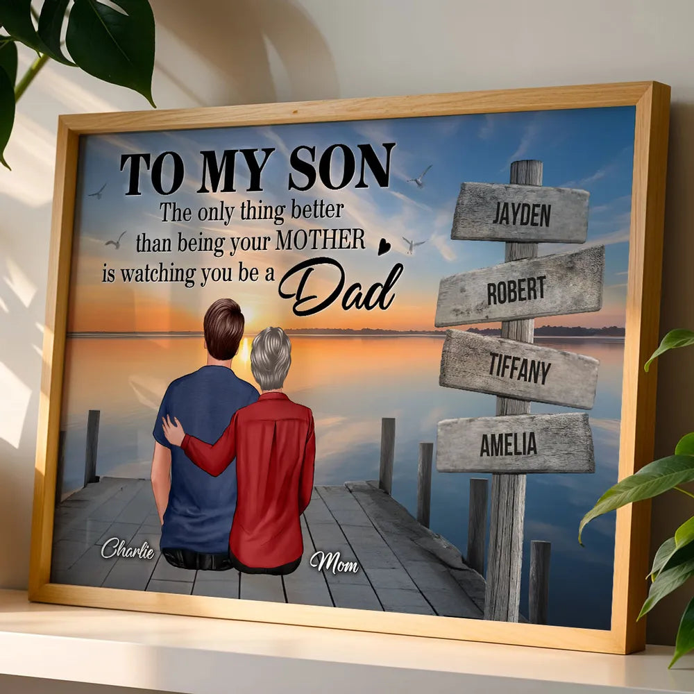 Personalized Poster for Son, Custom Family Signpost Sunset Lake Art, Unique Father's Day Gift from Mom