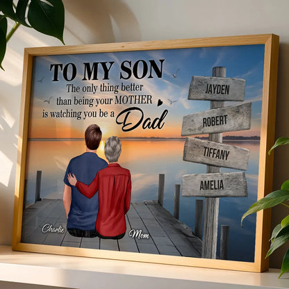 Personalized Poster for Son, Custom Family Signpost Sunset Lake Art, Unique Father's Day Gift from Mom