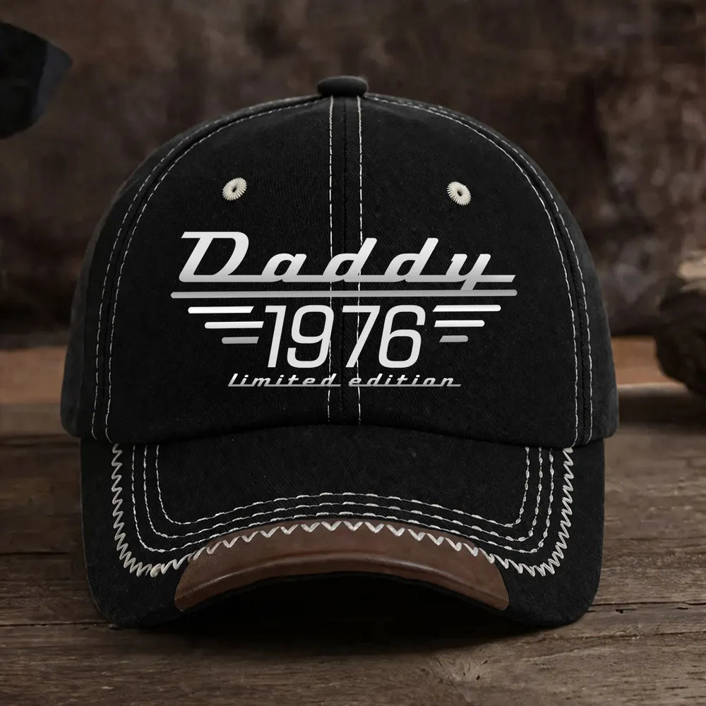 Leather Brim Cotton Cap, Custom Dad Style Baseball Look, Black Stitch Detail, Unique Gift for Dad