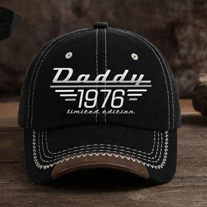 Leather Brim Cotton Cap, Custom Dad Style Baseball Look, Black Stitch Detail, Unique Gift for Dad