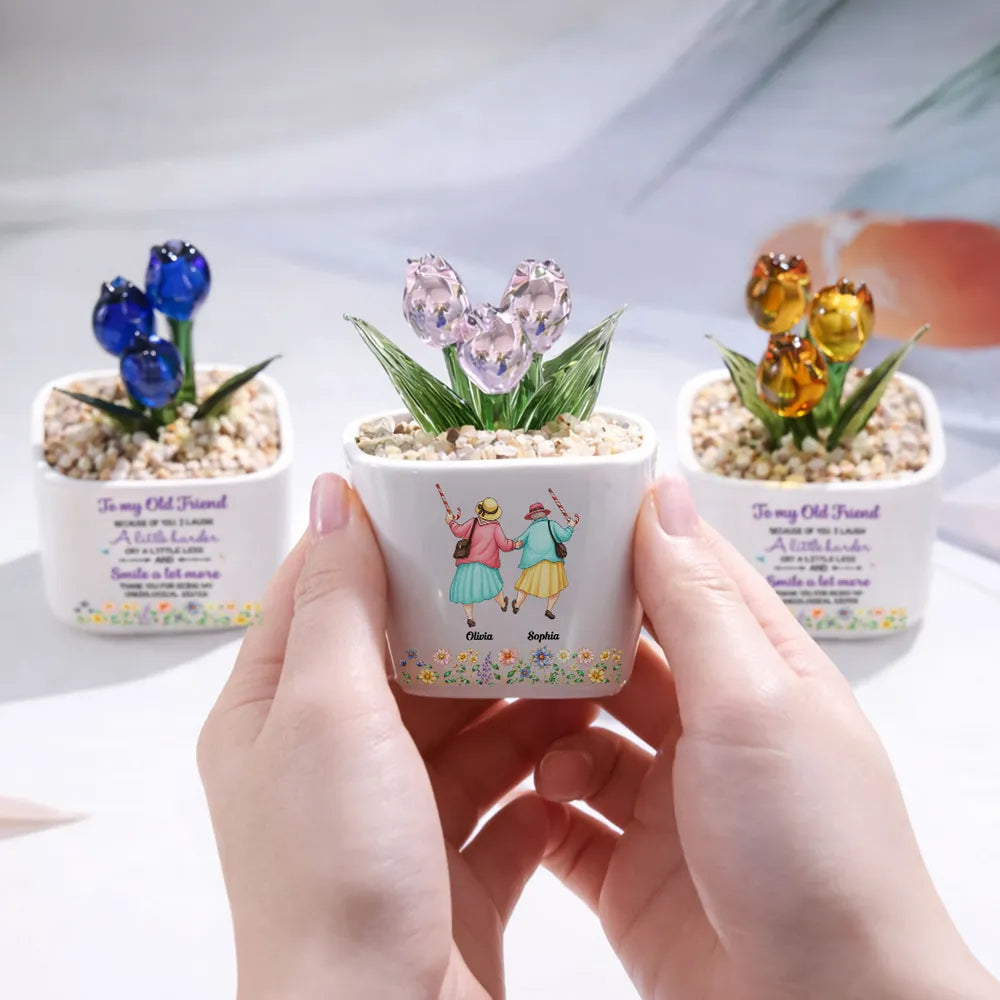Square Glass Planter with Smile More Quote & Pastel Tulips, Unique Personalized Creative Gift for a Friend