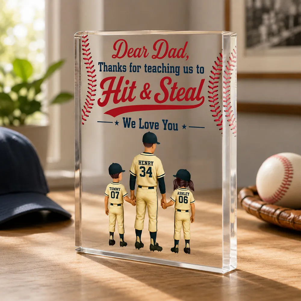 Personalized Acrylic Block Plaque, Baseball Dad & Kids Holding Hands, Unique Father's Day Gift for Dad