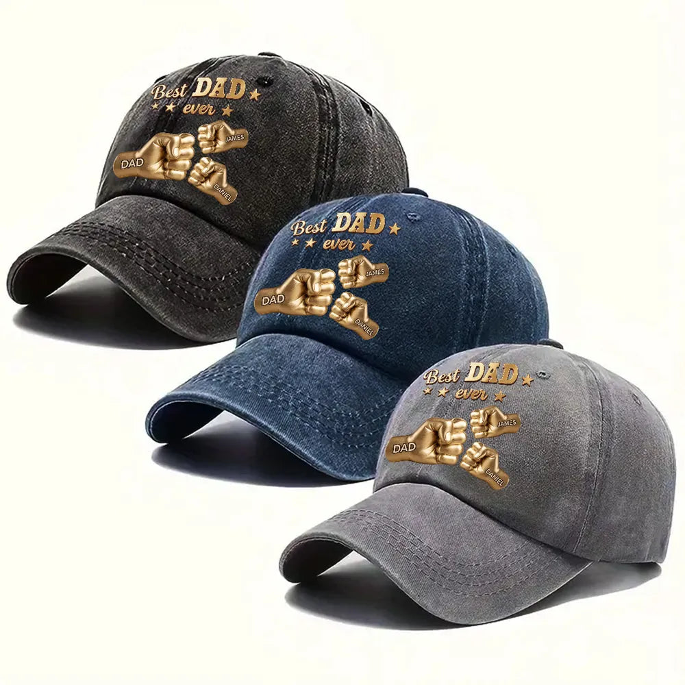 Personalized Washed Denim Baseball Cap, Gold Best Dad Fist Bump Design, Unique Gift for Dad