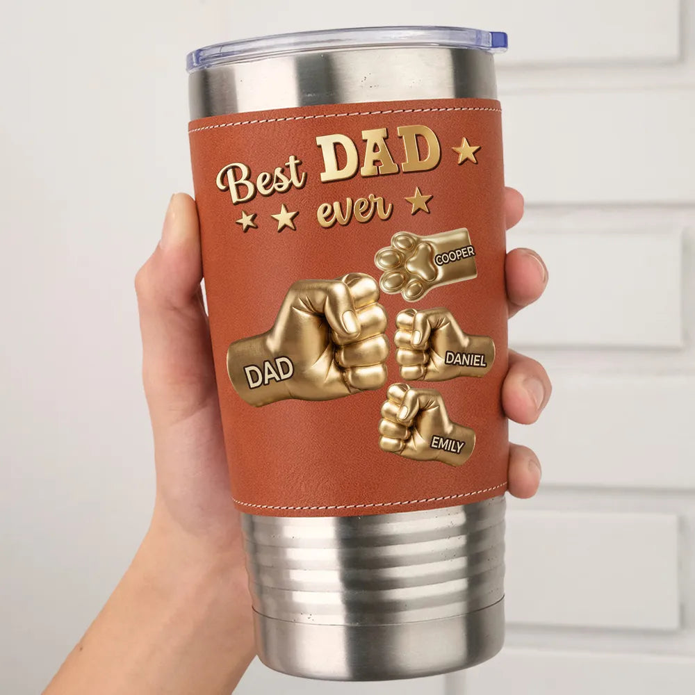 Custom Leather Wrapped Tumbler for Dad, Fist Bump & Paw Keepsake, Creative Gift from Family