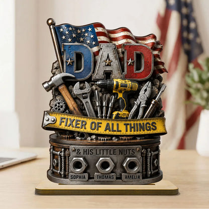 Dad Fixer of All Things Personalized 2-Layer Wooden Plaque, Creative Gift with Tools & Flag