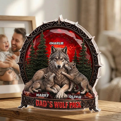 Personalized Shaped Acrylic Block Plaque, Dad's Wolf Pack Red Forest, Unique Gift for Dad