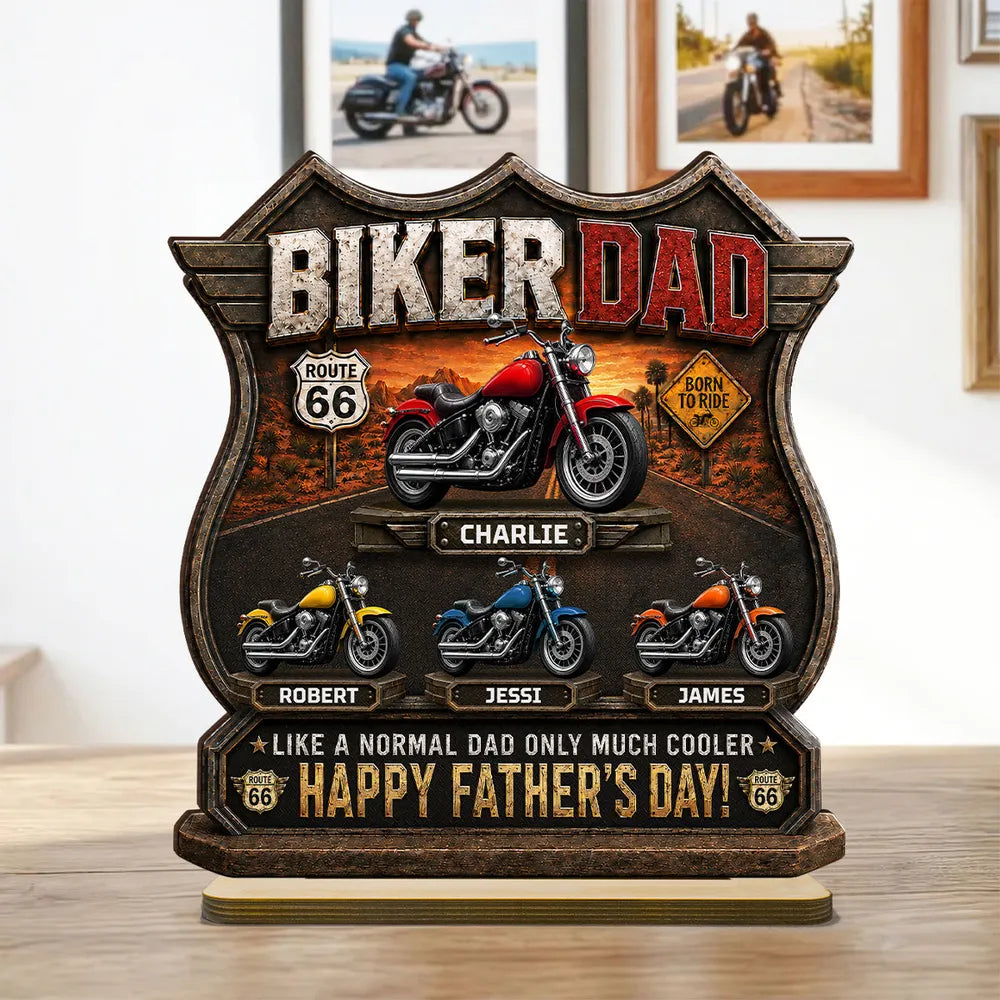 Personalized Biker Dad 2-Layer Wooden Plaque, Route 66 Motorcycle Gift For Dad, Unique Father's Day Decor