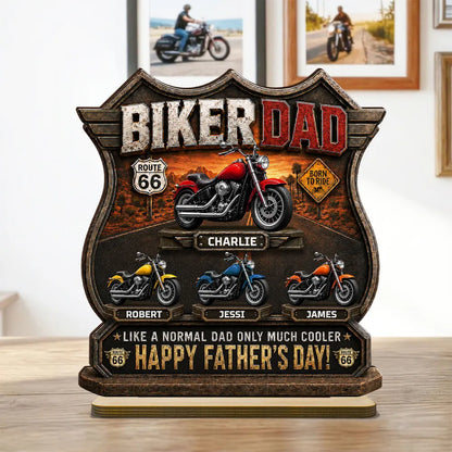 Personalized Biker Dad 2-Layer Wooden Plaque, Route 66 Motorcycle Gift For Dad, Unique Father's Day Decor