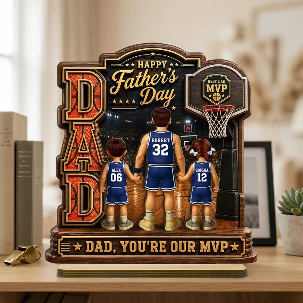 Personalized 2-Layer Wooden Plaque, Basketball Dad Holding Hands On Court, Unique Gift For Dad