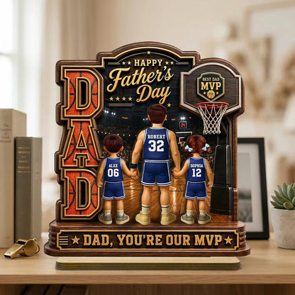 Personalized 2-Layer Wooden Plaque, Basketball Dad Holding Hands On Court, Unique Gift For Dad