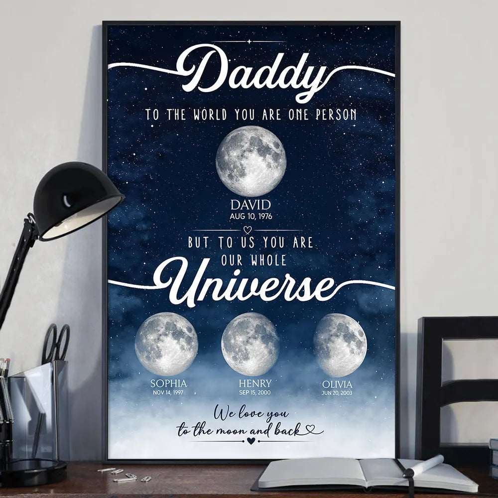Daddy You Are Our Universe Poster, Custom Moon Wall Art, Heartwarming Creative Gift for Dad