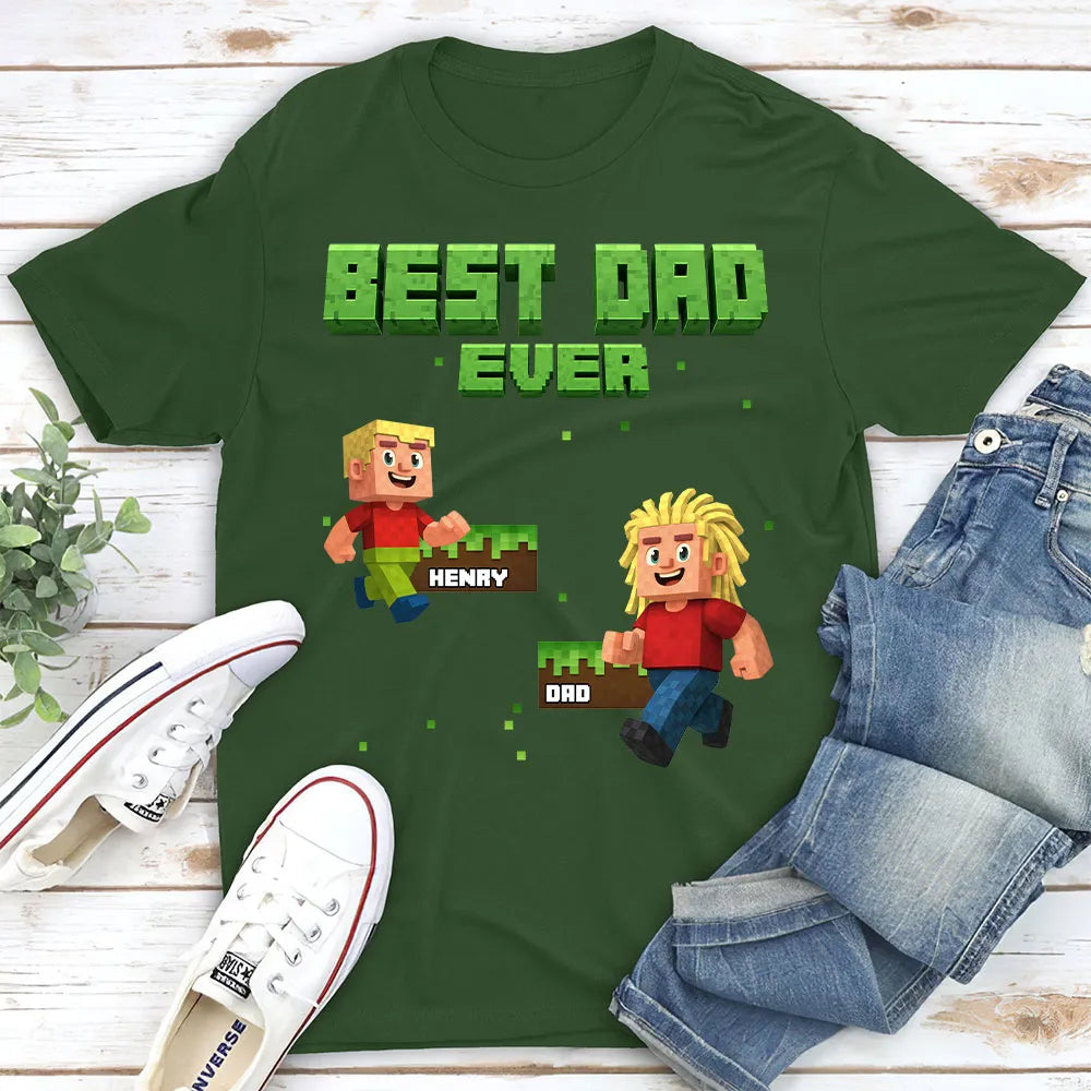 Classic Tee, Custom Pixel Game Dad & Child Graphic, Black Shirt, Unique Creative Gift For Dad