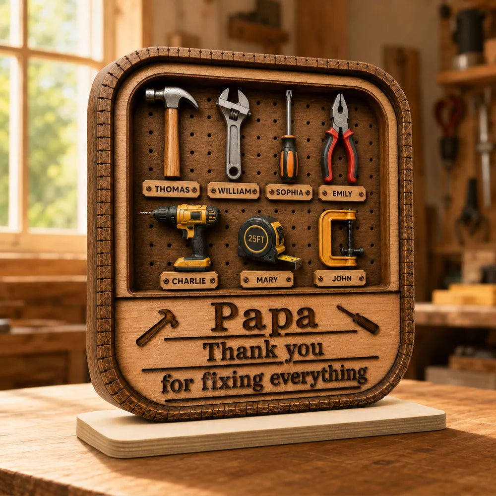 Personalized 2-Layer Wooden Plaque with Tool Box Design, Unique Gift for Papa Dad or Grandpa
