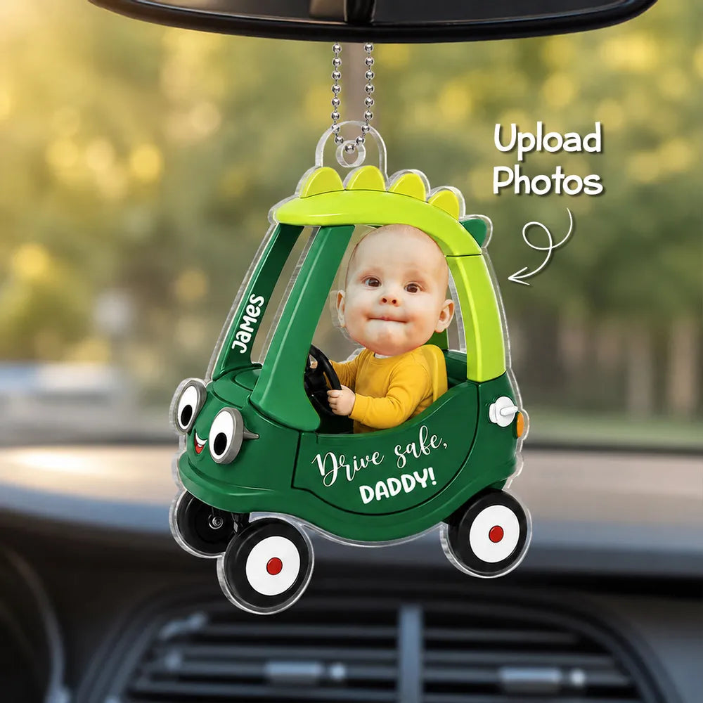 Personalized Acrylic Car Hanger With Baby Driving Green Cartoon Car, Unique Creative Gift For Dad