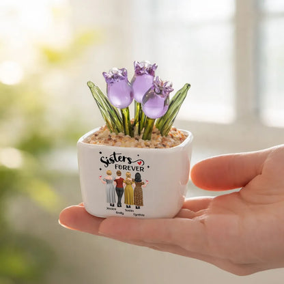 Personalized Square Glass Planter with Pink & Purple Tulips, Unique Gift for Side by Side Friends