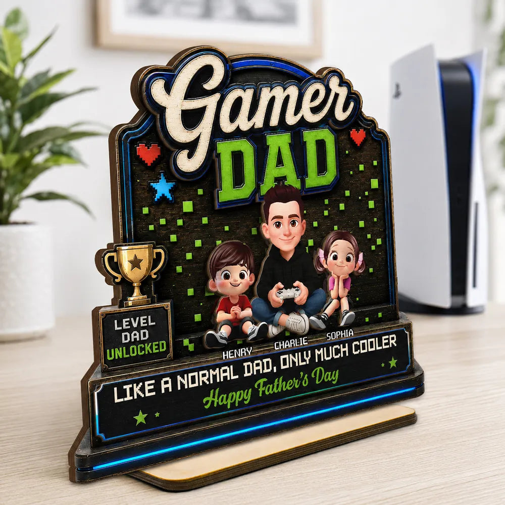 Personalized 2-Layer Wooden Plaque For Gamer Dad, Sitting Dad & Kids, Creative Father's Day Gift