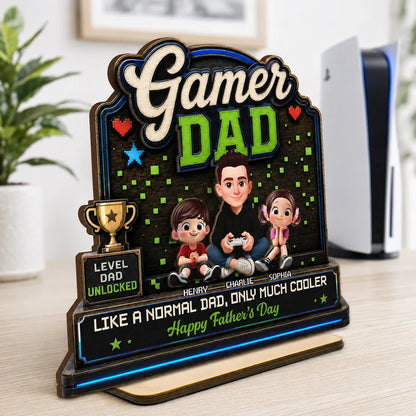 Personalized 2-Layer Wooden Plaque For Gamer Dad, Sitting Dad & Kids, Creative Father's Day Gift
