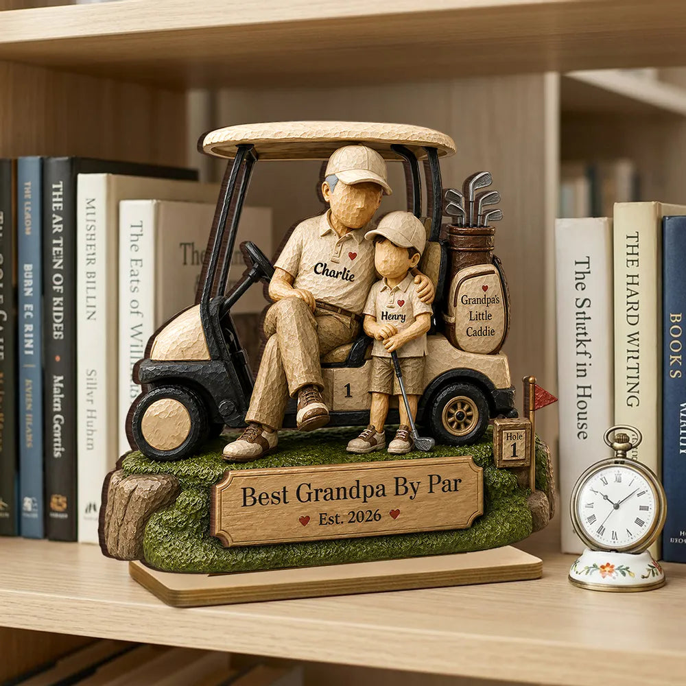 Personalized 2-Layer Wooden Plaque, Grandpa & Little Caddie Golf Cart Scene, Unique Gift for Grandpa