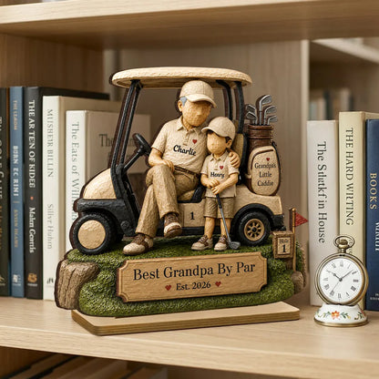 Personalized 2-Layer Wooden Plaque, Grandpa & Little Caddie Golf Cart Scene, Unique Gift for Grandpa