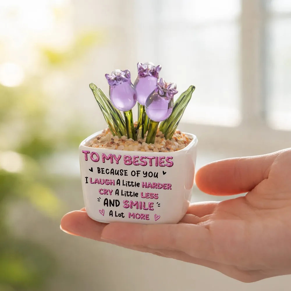 Square Glass Planter for Friends, Custom Smile More Quote & Arm in Arm Illustration, Unique Creative Gift