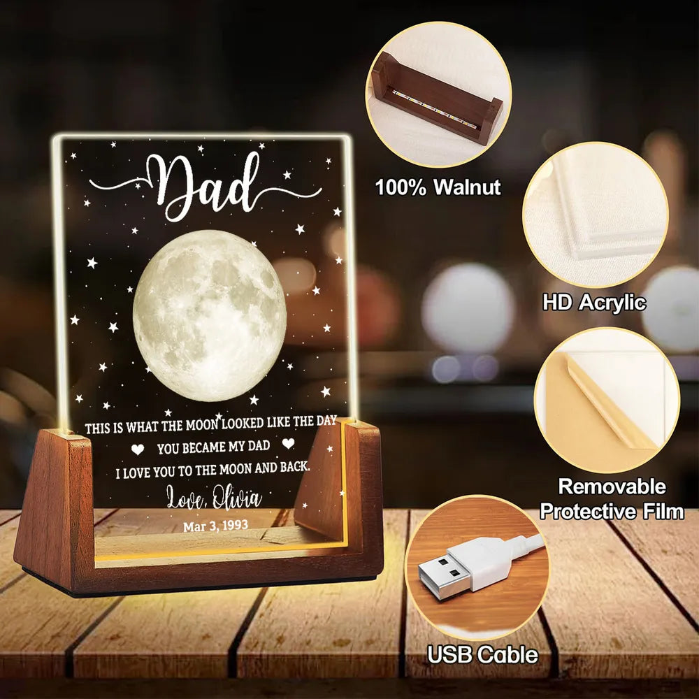 Personalized LED Light Frame With Moon & Stars, Unique Custom Gift for Dad, Warm Bedside Keepsake