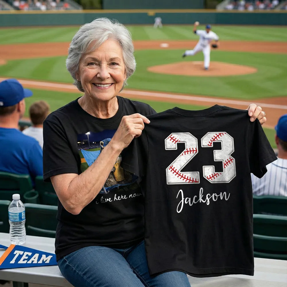 Personalized Dual Print Classic Tee with Raccoon on Ballfield 'I Live Here Now' - Unique Baseball Gift