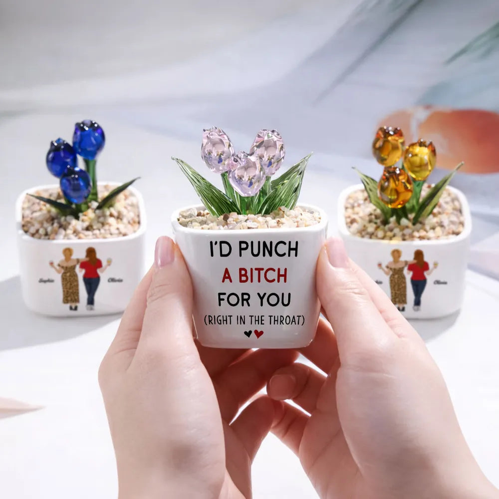 Personalized Square Glass Planter with Pink & Purple Tulips, Arm in Arm Friends, Unique Gift for Best Friend