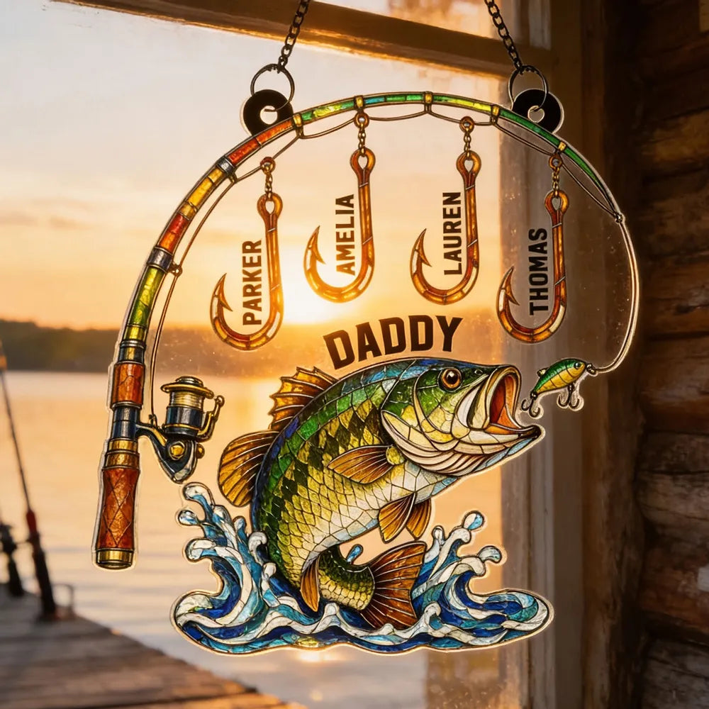 Personalized Acrylic Suncatcher Ornament for Fishing Daddy - Colorful Bass & Hooks Window Decor, Unique Gift for Dad