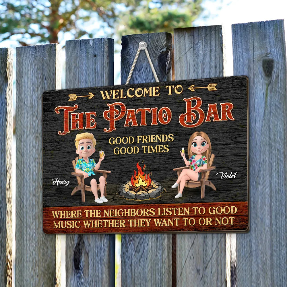 Personalized Wooden Sign, Patio Bar Cartoon Couple by Fire Pit, Unique Gift for Friends