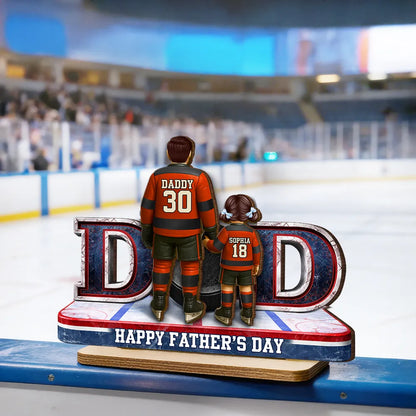 Personalized 2-Layer Wooden Plaque with Hockey Dad and Kid Holding Hands on the Rink - Unique Father's Day Gift