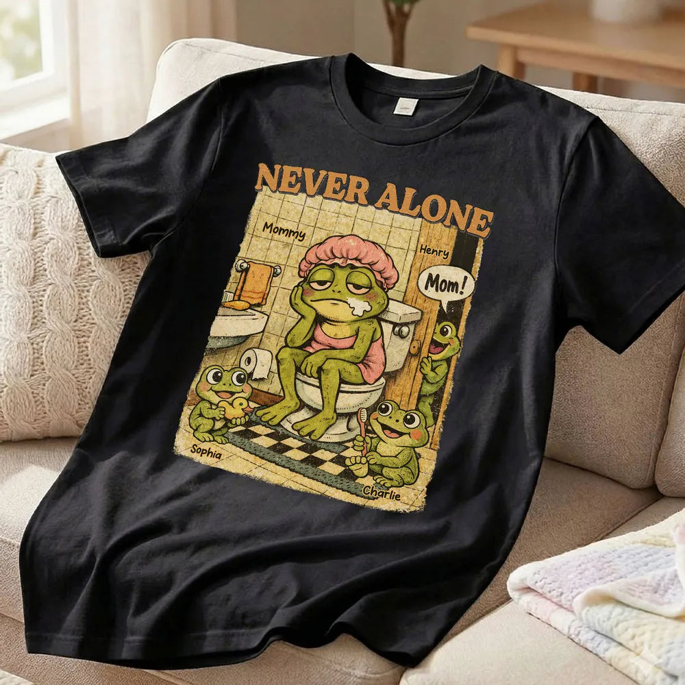 Personalized Never Alone Frog Mom Classic Tee, Funny Retro Bathroom Cartoon, Unique Gift for Mom