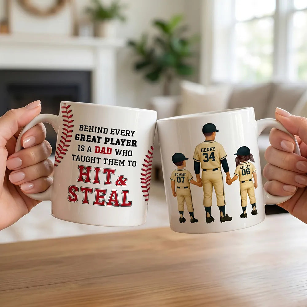 Personalized Ceramic Mug For Dad, Baseball Dad Holding Hands With Kids, Unique Father's Day Gift