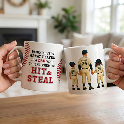 Personalized Ceramic Mug For Dad, Baseball Dad Holding Hands With Kids, Unique Father's Day Gift