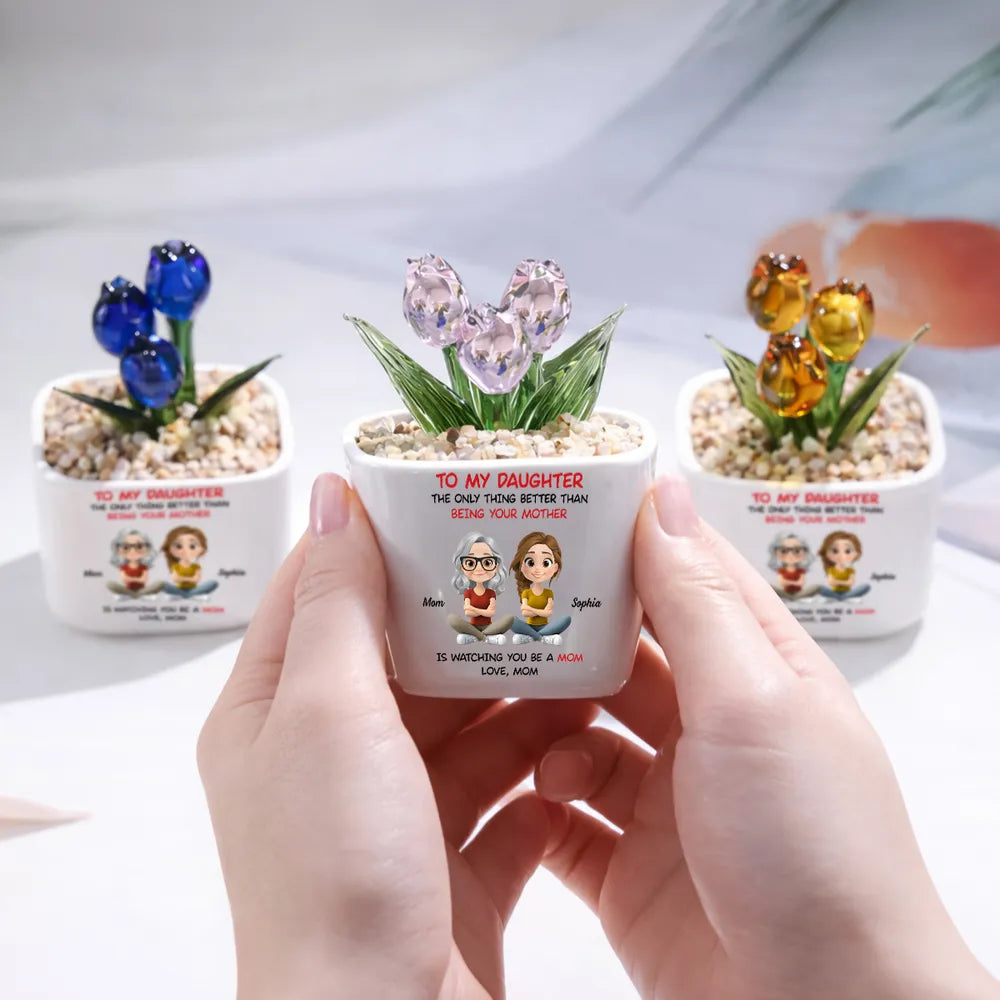 Personalized Square Glass Planter with Purple Tulips, Sitting Mother Daughter Cartoon, Unique Gift from Mom