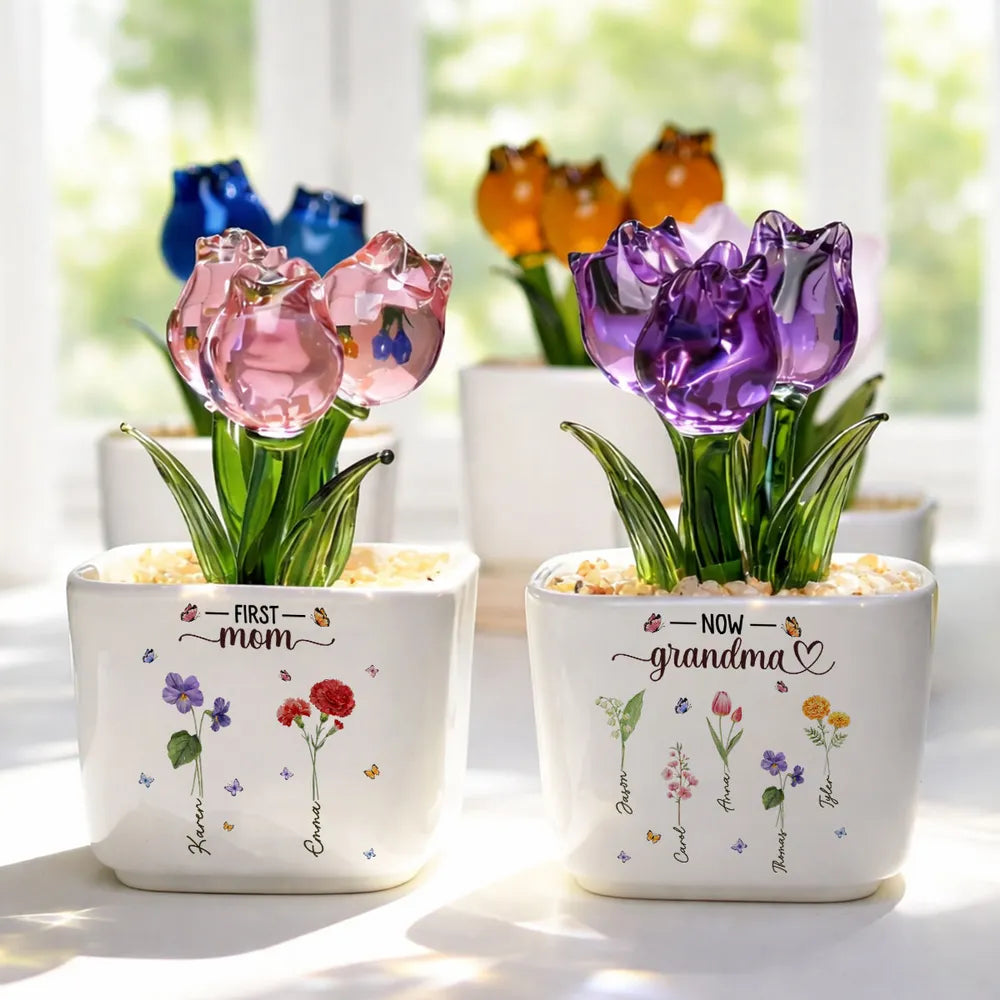 Personalized Square Glass Planter with Birth Month Tulips, Unique Creative Gift for Grandma
