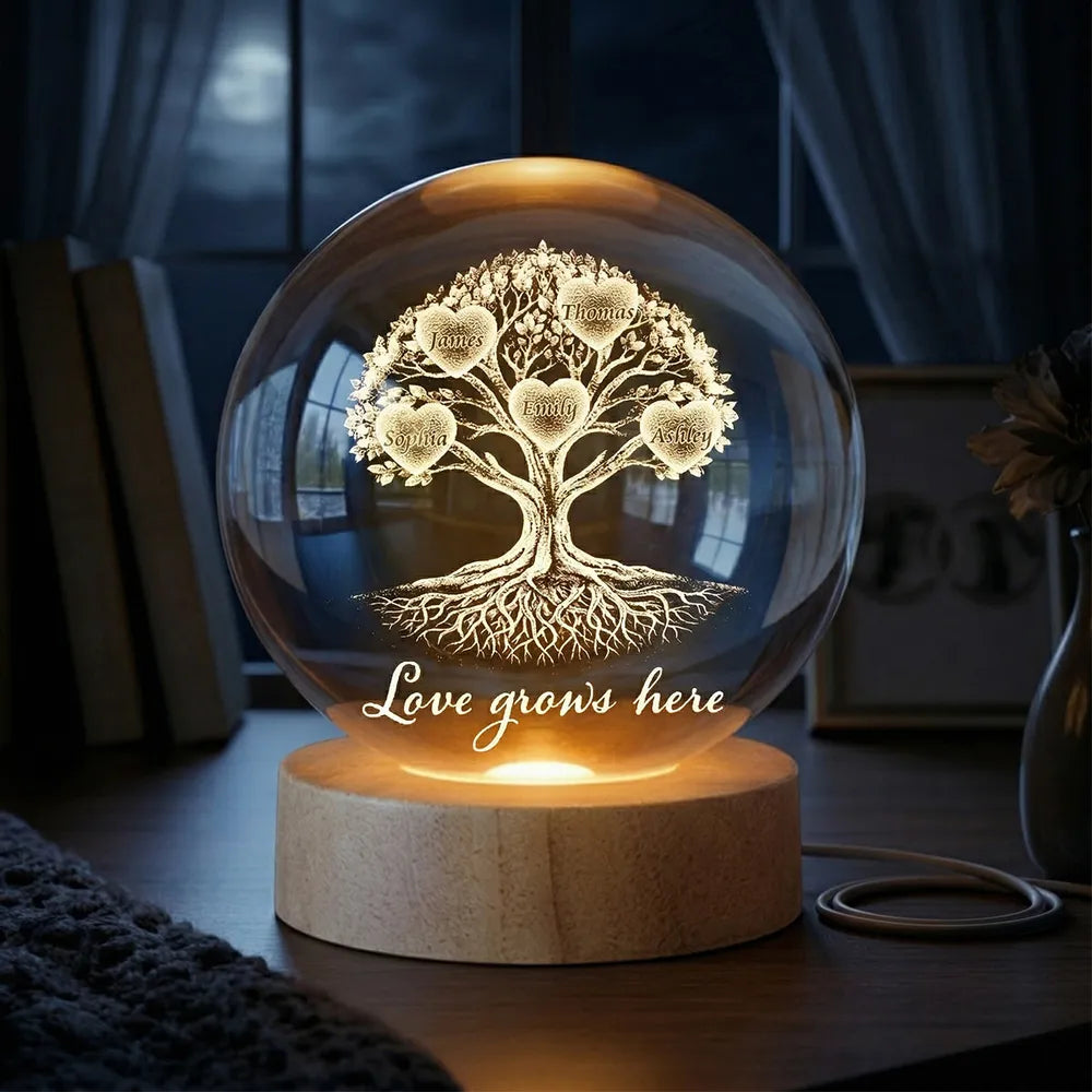 Personalized Globe Lamp with Heart Tree of Life and Love Grows Here, Unique Gift for Grandma and Family