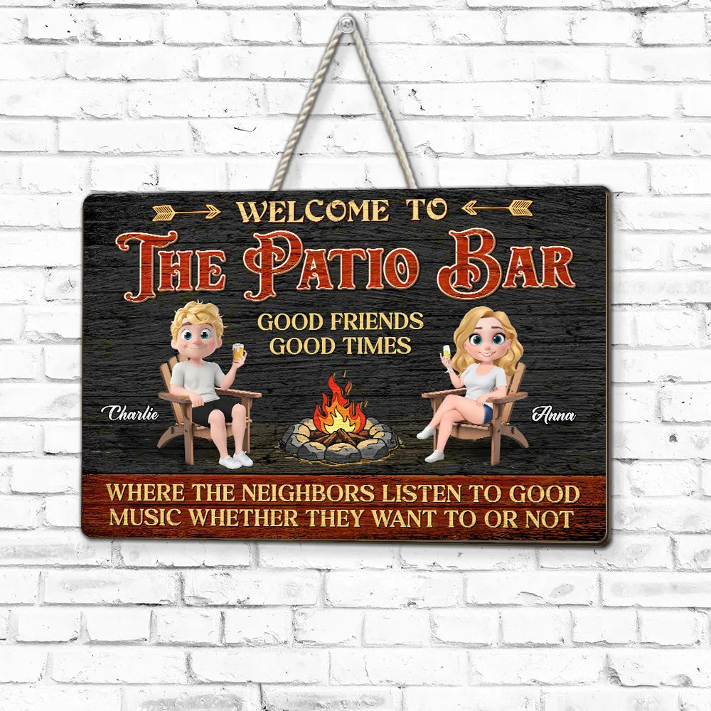 Personalized Wooden Sign, Patio Bar Cartoon Couple by Fire Pit, Unique Gift for Friends