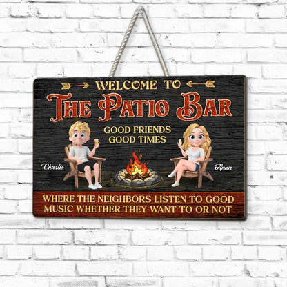 Personalized Wooden Sign, Patio Bar Cartoon Couple by Fire Pit, Unique Gift for Friends
