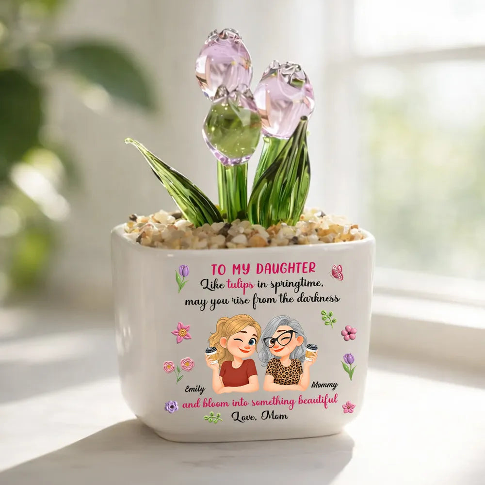 Personalized Square Glass Planter, Purple Tulip Daughter Gift from Mom, Unique Spring Keepsake