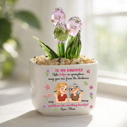 Personalized Square Glass Planter, Purple Tulip Daughter Gift from Mom, Unique Spring Keepsake